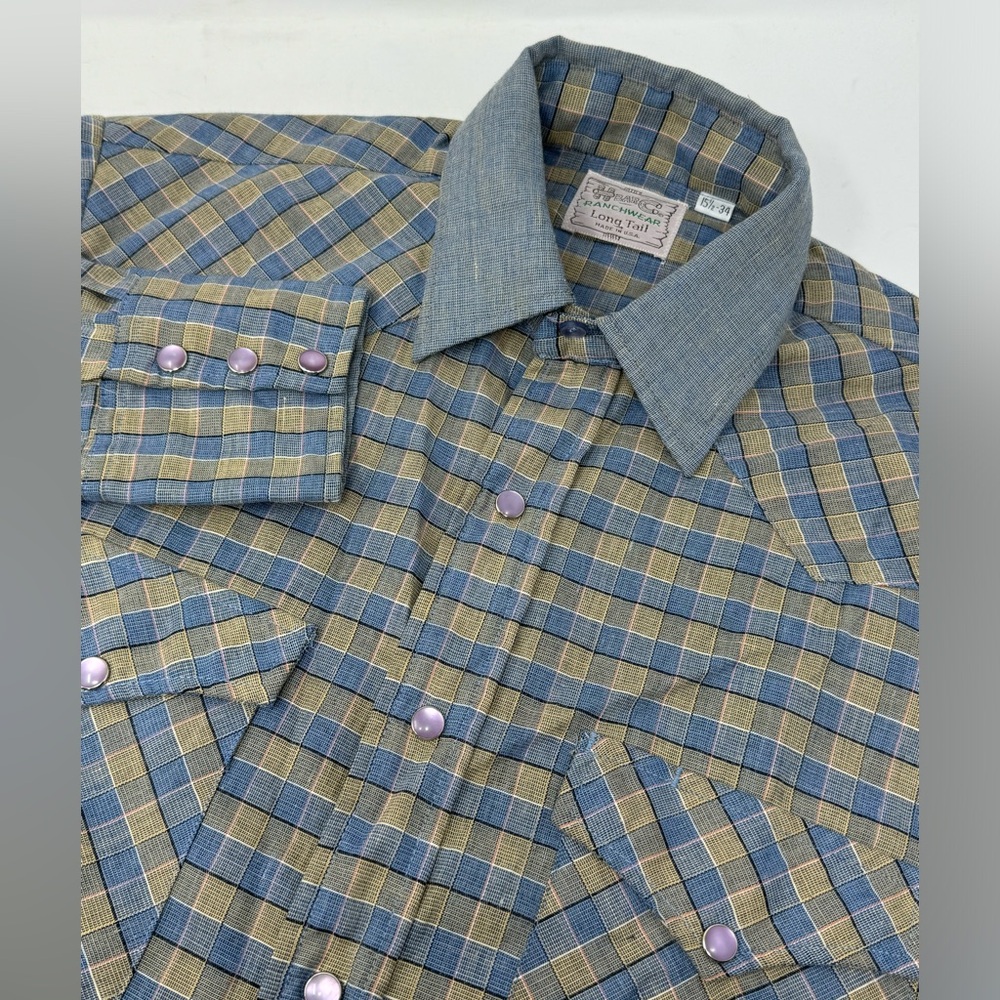 VTG H BAR C Ranchwear Men’s Western Snap Pearl long Tail Shirt USA Sz 15.5-34 Y0
